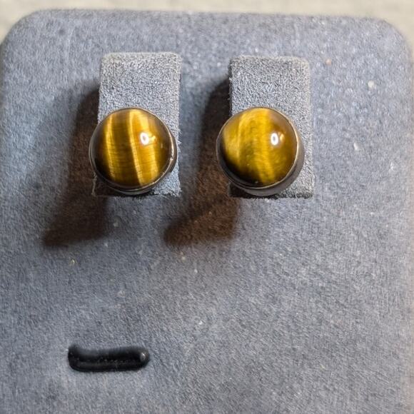 Vintage Sterling Silver Tiger's Eye Cabochon Stud Earrings - Picture 1 of 6